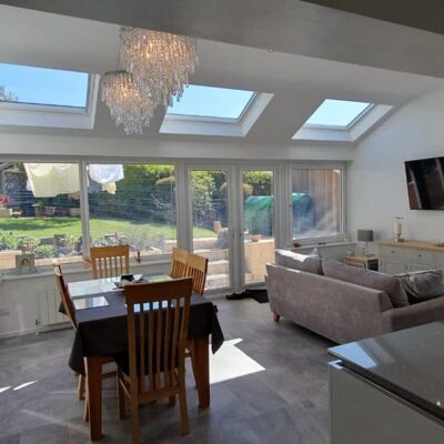 Single storey extension with pitched roof skylight windows