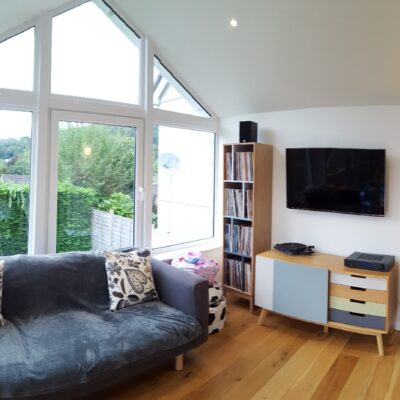 Modernised family room inside of a single storey extension designed by MHM Designed Ltd.