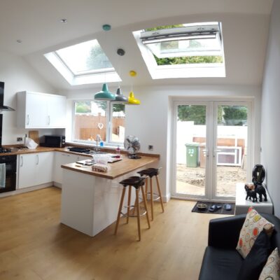 Single storey extension with modern skylighting and a newly designed kitchen by MHM Design Ltd.